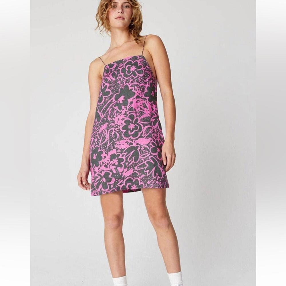 NWT Back Beat Co. Purple Gray Linen Apron Floral Mini Dress
